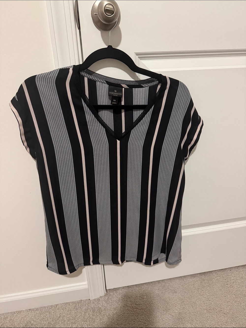 V-Neck Vertical Stripe Blouse in Black, Gray & Cream